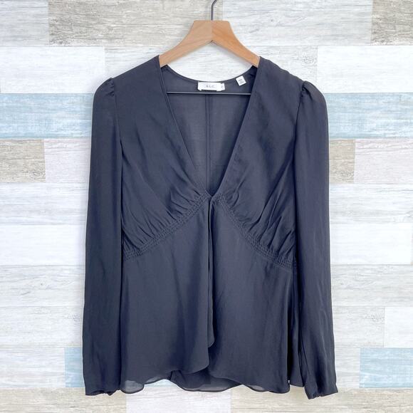 A.L.C. 100% Silk Crepe Tulip Hem Peplum Blouse Black Semi Sheer V Neck Womens 6 - Picture 1 of 9